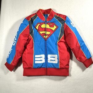 Superman Pattern Boys Bomber Jacket Size 6/7 Zip Up EUC